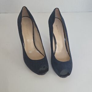 Nine West Suede Navy Peep Toe Heels Sz 8.5 Covered (Navy Patient) 4.25 Inch Heel